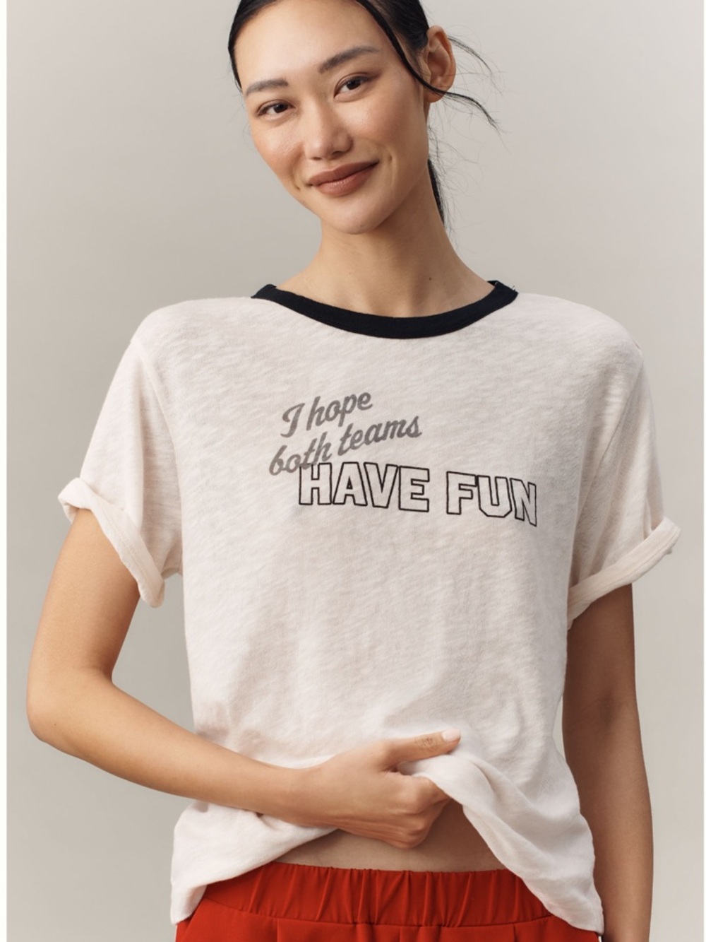 NWT Anthropologie Maeve Graphic Ringer Tee 'I Hope Both Teams Have Fun' -L
